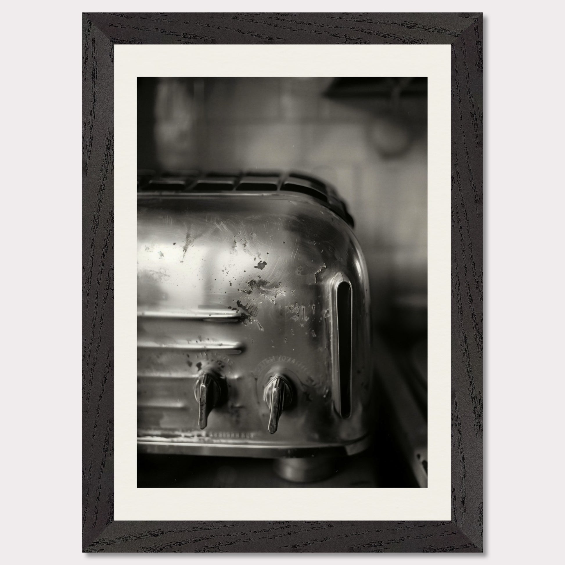 This illustration depicts a close-up view of a vintage toaster in black and white.