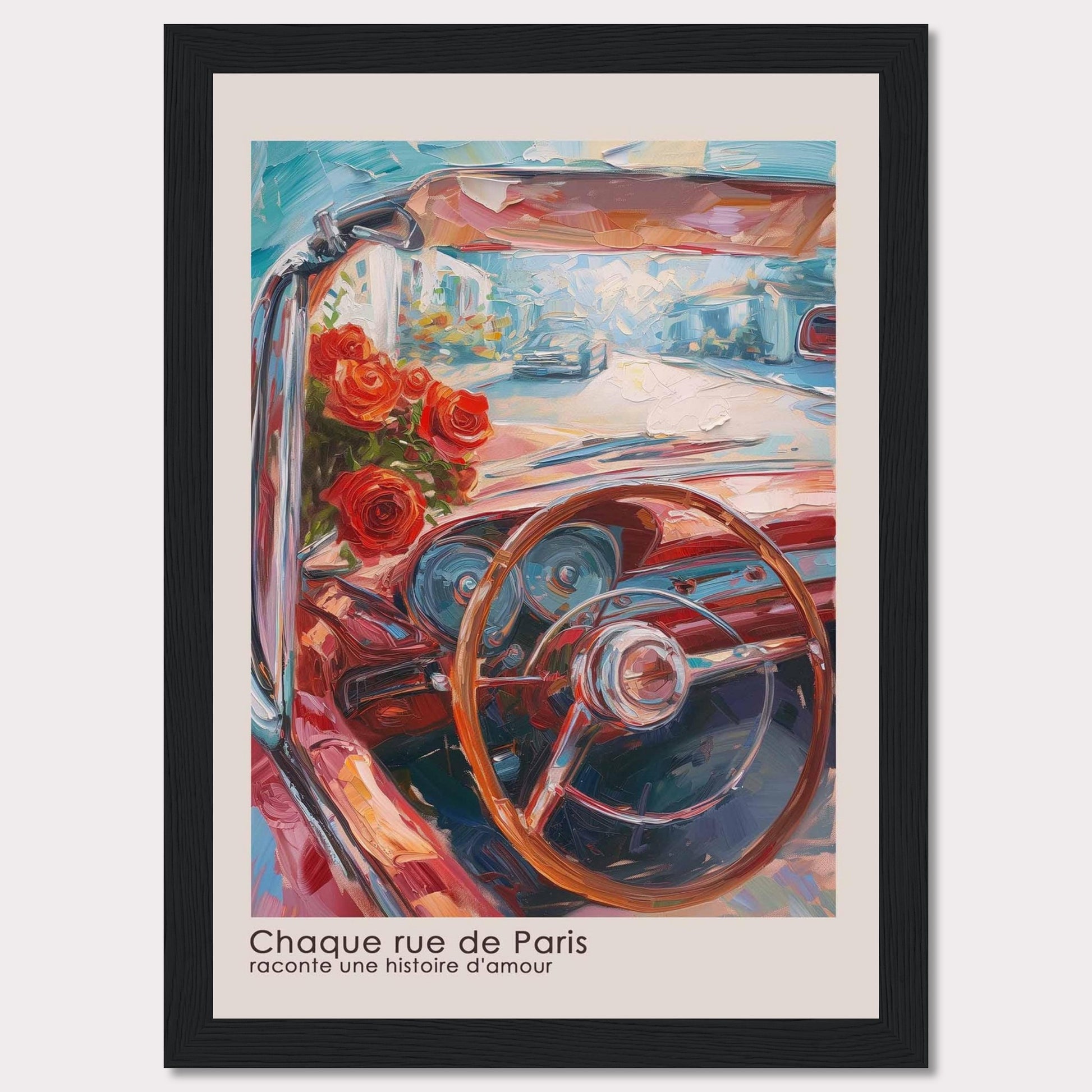 This vibrant painting captures the essence of a romantic drive through Paris. The artwork features a classic car's steering wheel, a bouquet of red roses, and a bright, bustling street scene in the background.