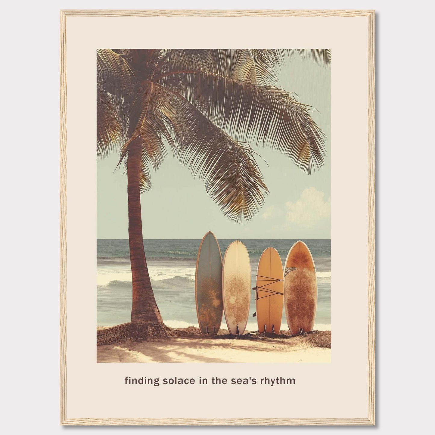 This image captures a serene beach scene with surfboards resting against a palm tree, inviting you to find peace in the ocean's rhythm.