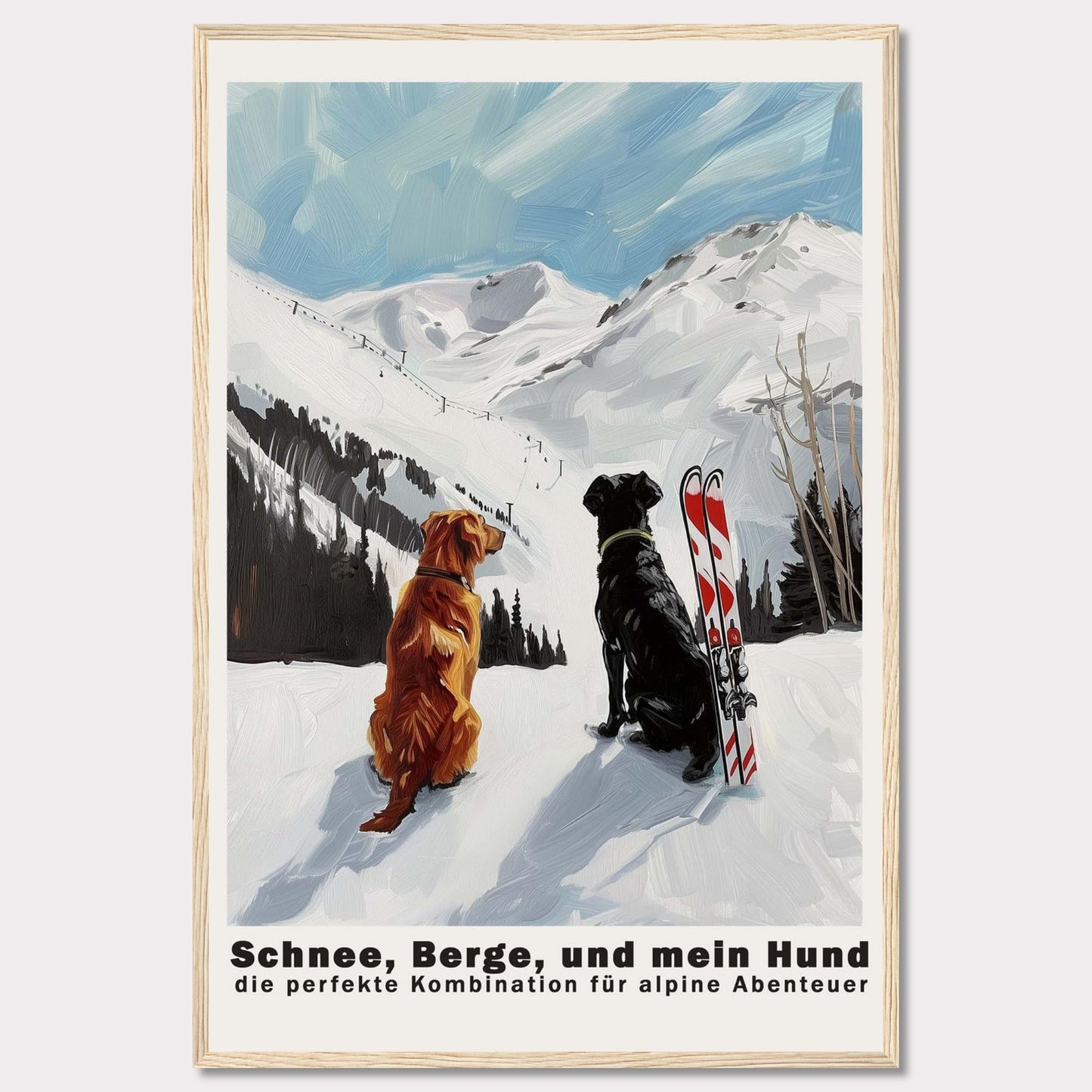 This image depicts two dogs sitting in the snow, gazing at a snowy mountain landscape. Next to them is a pair of skis, suggesting an alpine adventure. The sky is clear with a few clouds, adding to the serene and adventurous atmosphere.