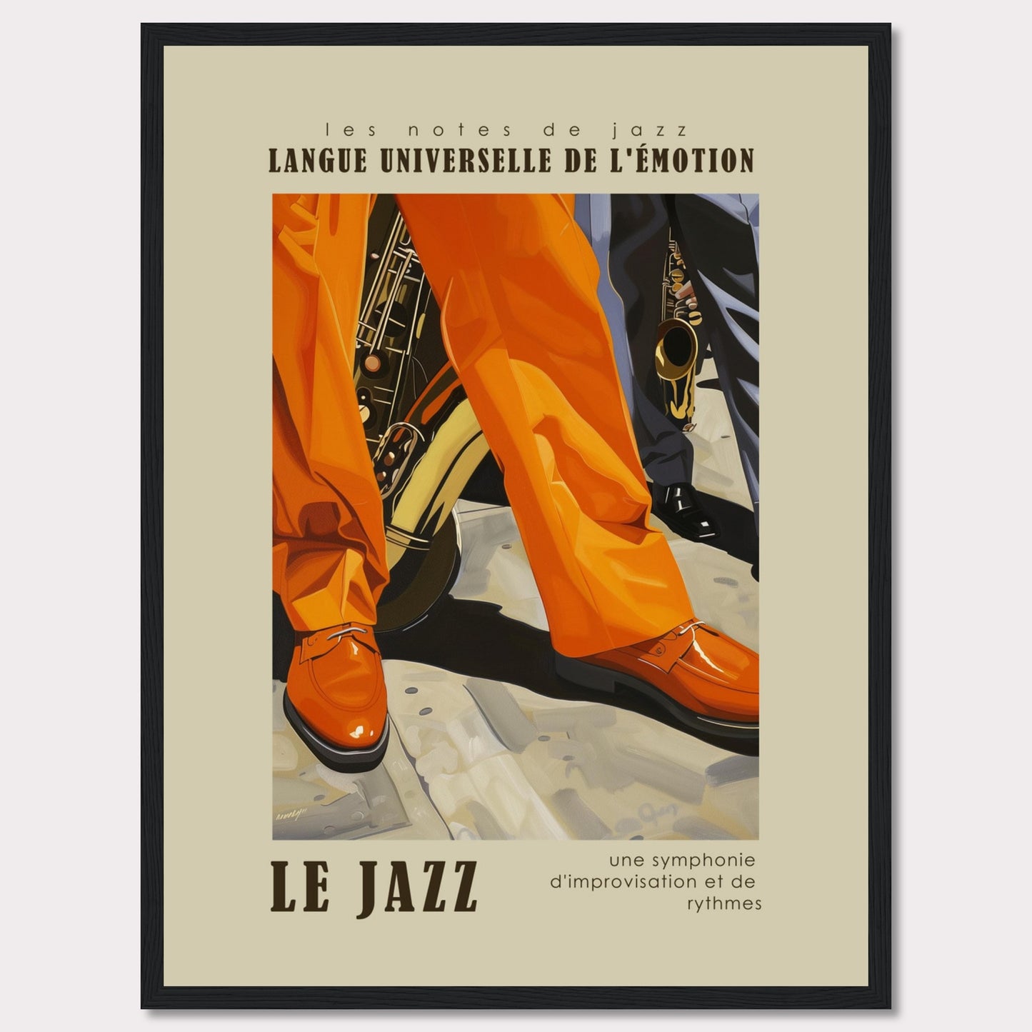 This vibrant poster captures the essence of jazz with its bold colors and dynamic imagery. The scene focuses on the legs and shoes of musicians, emphasizing their lively movements. Brass instruments peek from behind, hinting at the soulful music being played. The text reads "LANGUE UNIVERSELLE DE L'ÉMOTION" and "LE JAZZ," highlighting jazz as a universal language of emotion. The tagline, "une symphonie d'improvisation et de rythmes," describes jazz as a symphony of improvisation and rhythms.