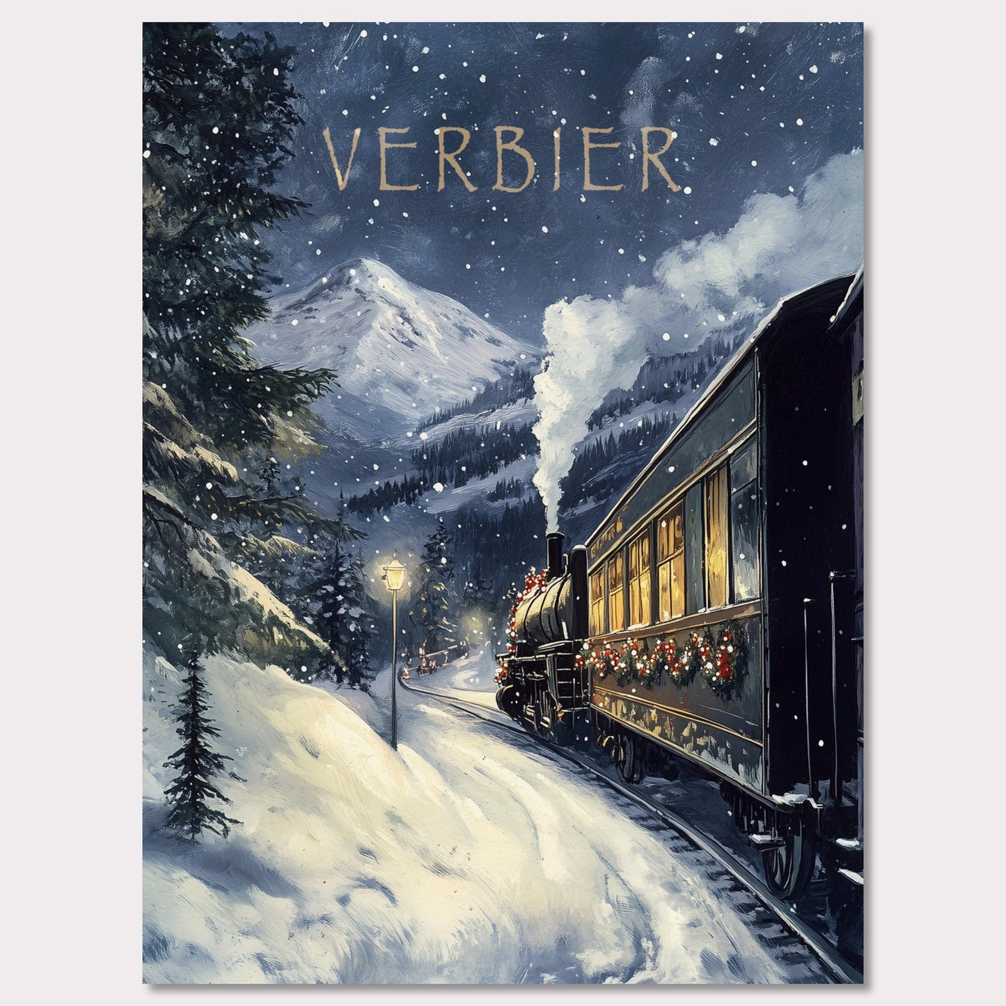 This charming, vintage-inspired poster transports you to a winter wonderland in Verbier, as a steam train adorned with festive decorations winds its way through a snowy mountain landscape. The warm glow from the train’s windows contrasts beautifully with the cool, snowy surroundings, creating a nostalgic and inviting atmosphere. The gentle snowfall and the towering mountain peaks in the background complete the serene yet adventurous feel of this picturesque winter journey.