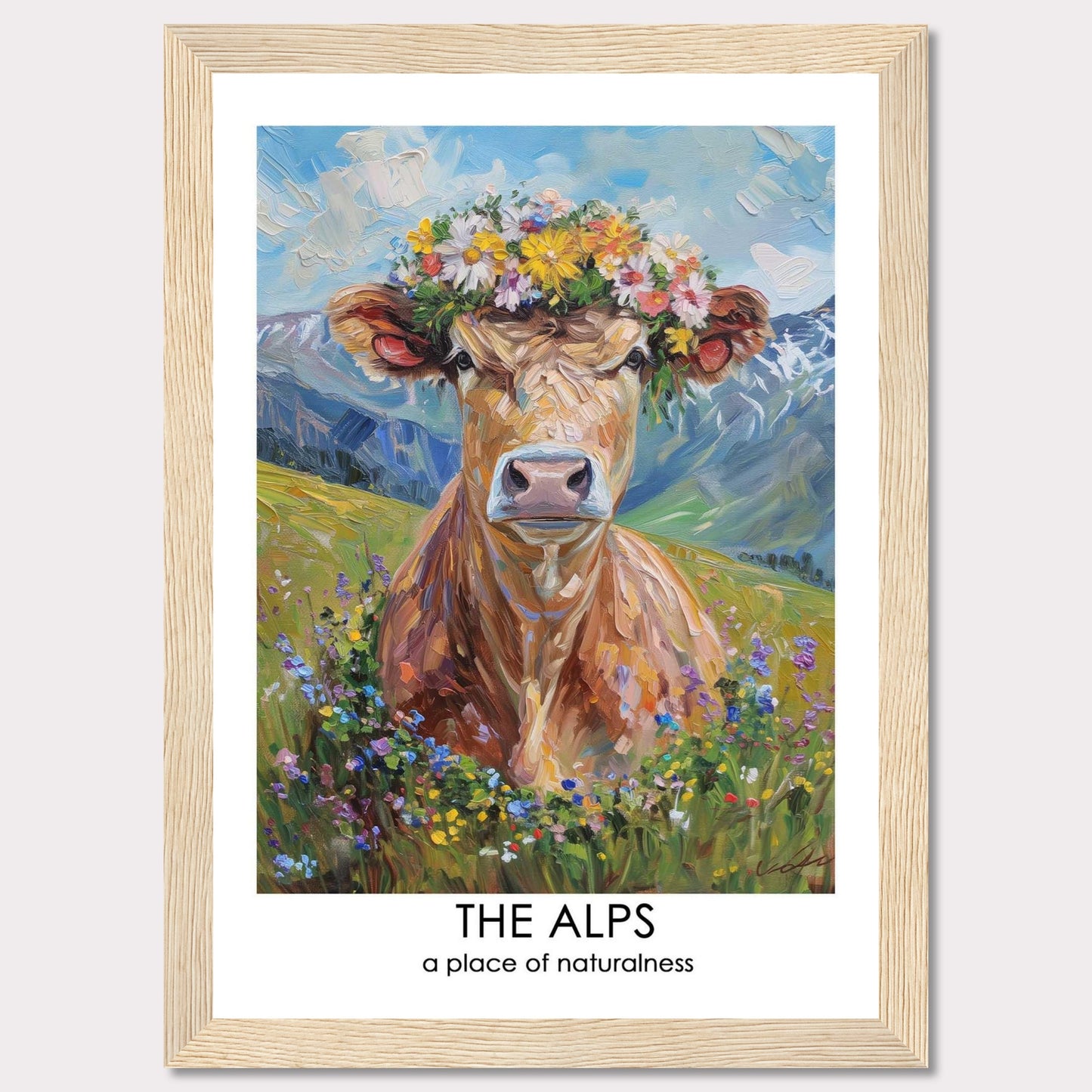 This vibrant artwork depicts a cow adorned with a colorful flower crown, set against the stunning backdrop of the Alps. The painting captures the essence of natural beauty and tranquility.