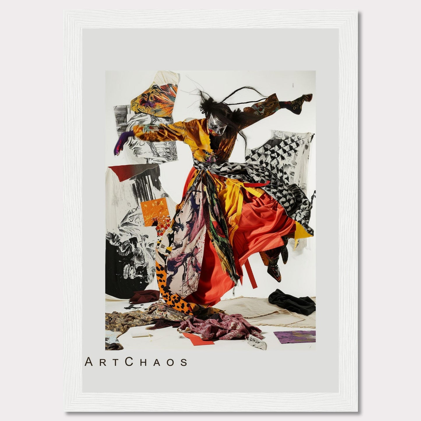 This captivating artwork features a dynamic figure in vibrant, flowing attire, seemingly caught in mid-motion. The background is a collage of abstract patterns and textures, adding depth and intrigue to the piece. The mix of bold colors and chaotic elements creates a sense of energy and movement.