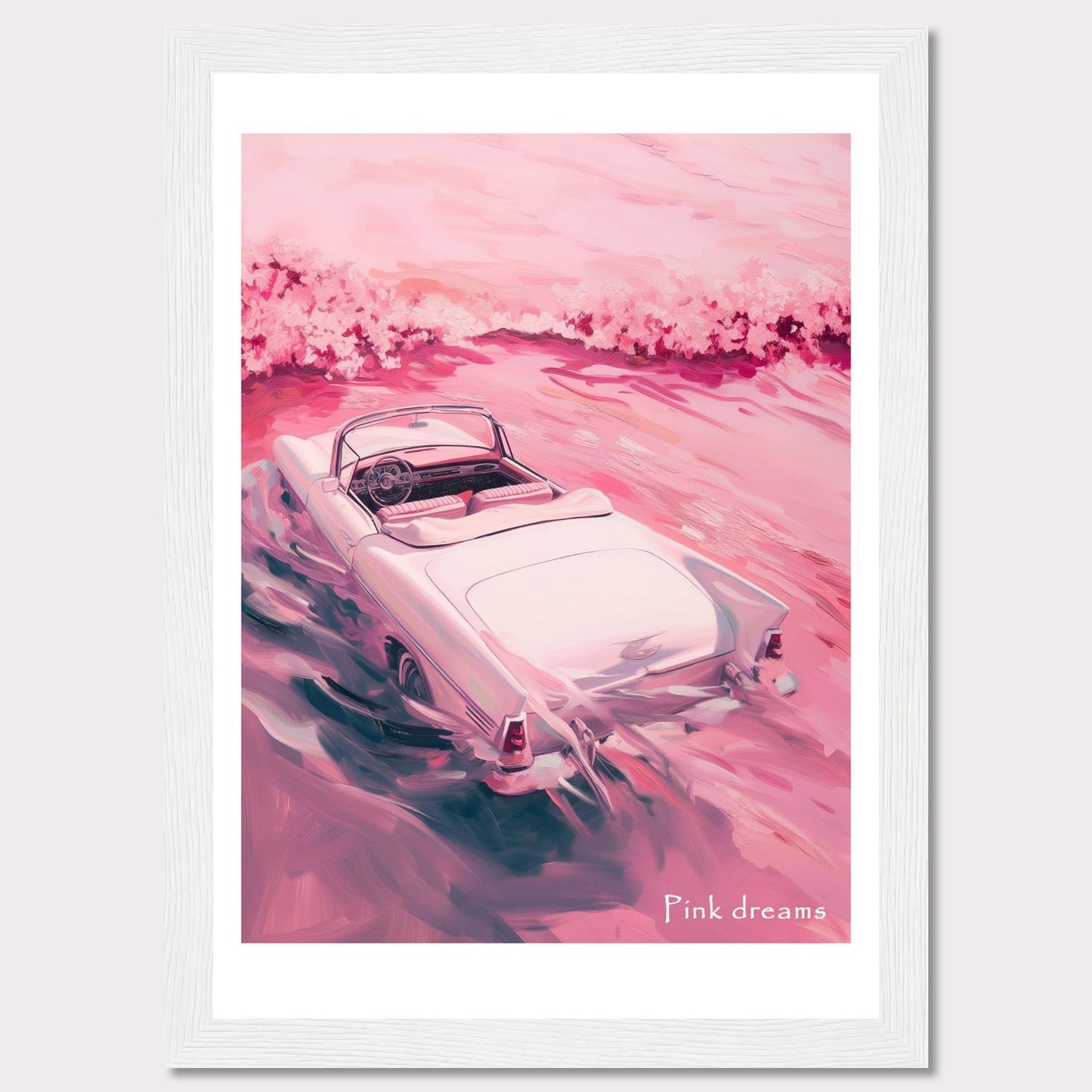 This artwork features a dreamy scene with a vintage convertible car driving through a pink-hued landscape. The soft, pastel colors create a serene and nostalgic atmosphere.