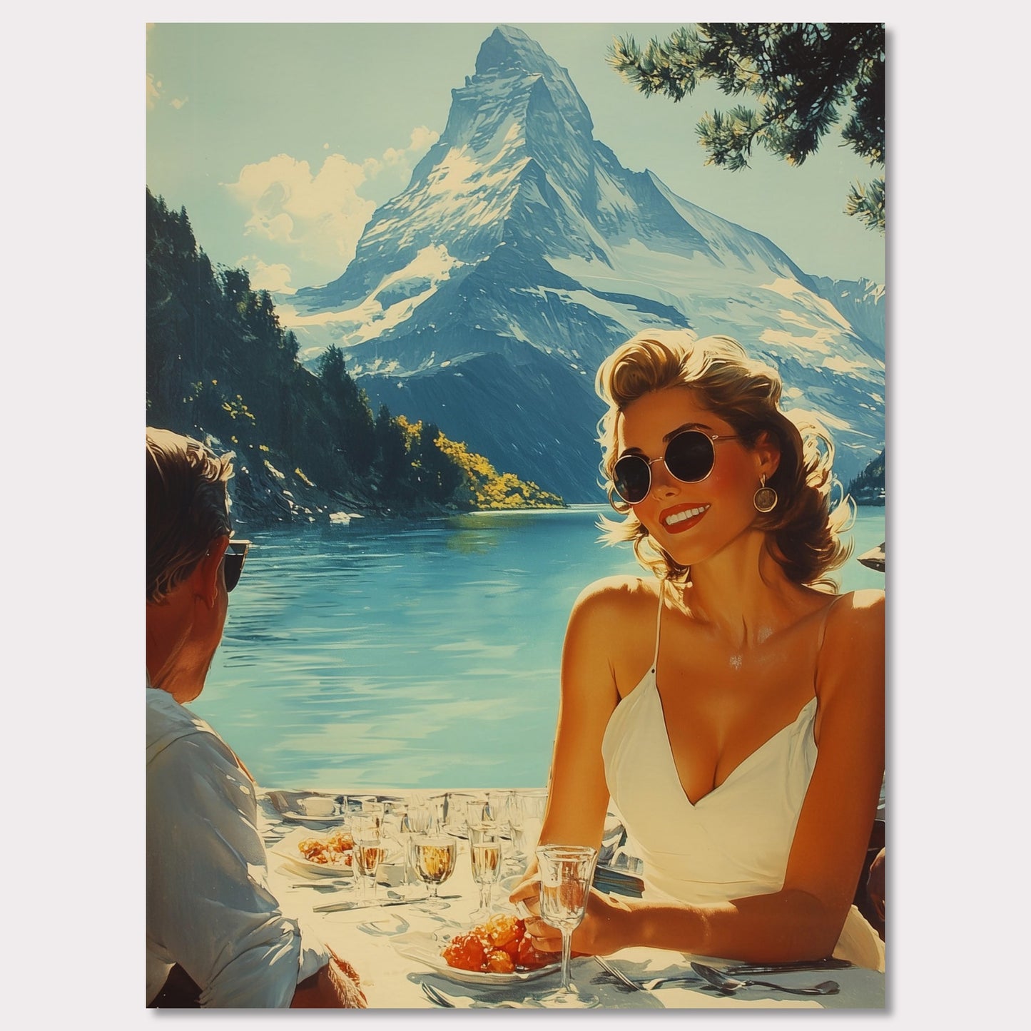 This illustration depicts a scenic outdoor dining setting by a lake with snowy mountains in the background. A woman in sunglasses and a white dress is smiling while holding a glass, and a man is sitting across from her.