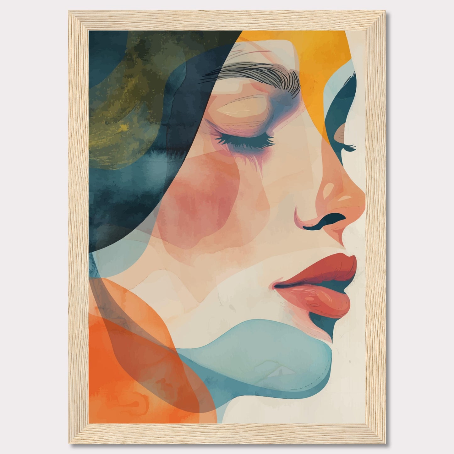 This captivating artwork features a serene profile of a woman's face, rendered in a vibrant mix of abstract colors. The composition highlights her closed eyes and calm expression, evoking a sense of tranquility and introspection.