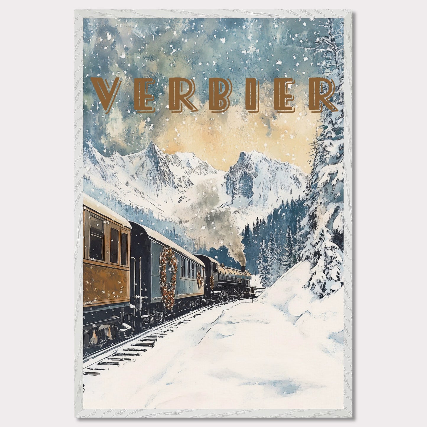 This enchanting winter poster showcases a vintage steam train winding through the snow-covered landscapes of Verbier. The train, adorned with festive wreaths, travels against a backdrop of majestic alpine peaks, tall evergreen trees, and a serene winter sky with softly falling snowflakes. The golden light filtering through the clouds adds a warm, nostalgic glow to the scene, evoking the magic of winter travel.