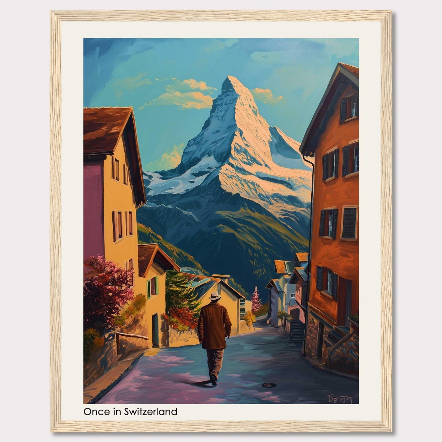 This beautiful painting captures a serene Swiss village with the majestic Matterhorn mountain in the background. The scene features charming houses, a lone figure walking down the street, vibrant foliage, and a clear blue sky.