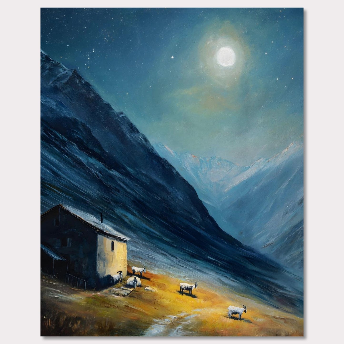 Nestled between dramatic cliffs, a single farmhouse glows under a sky heavy with storm and sun. The valley holds its breath — clouds swirl above while the earth remains grounded, golden, and still. This is a refuge at the edge of wildness.