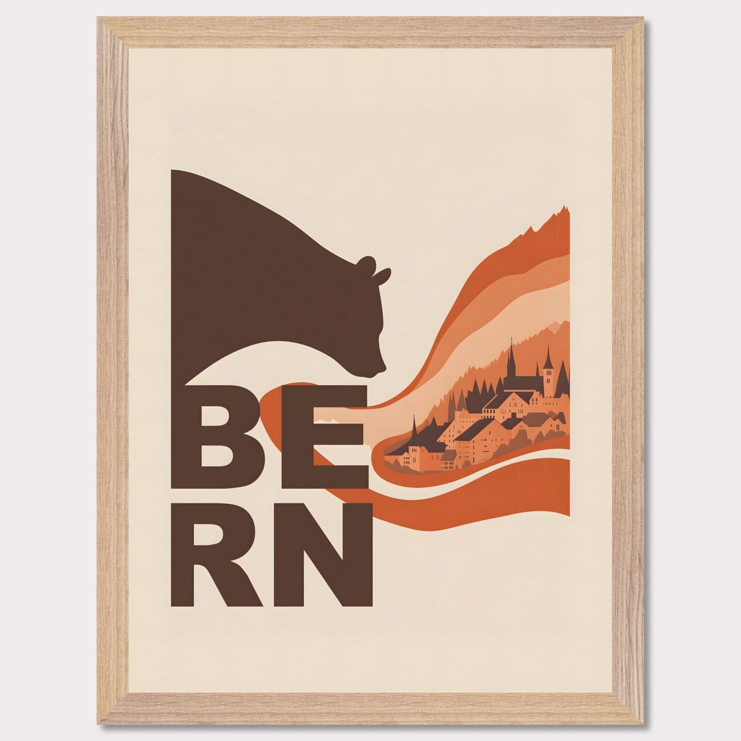 This elegant poster portrays a bear embracing the architectural landscapes of Bern. With flowing lines connecting nature and culture, it conveys the charm of this Swiss city.