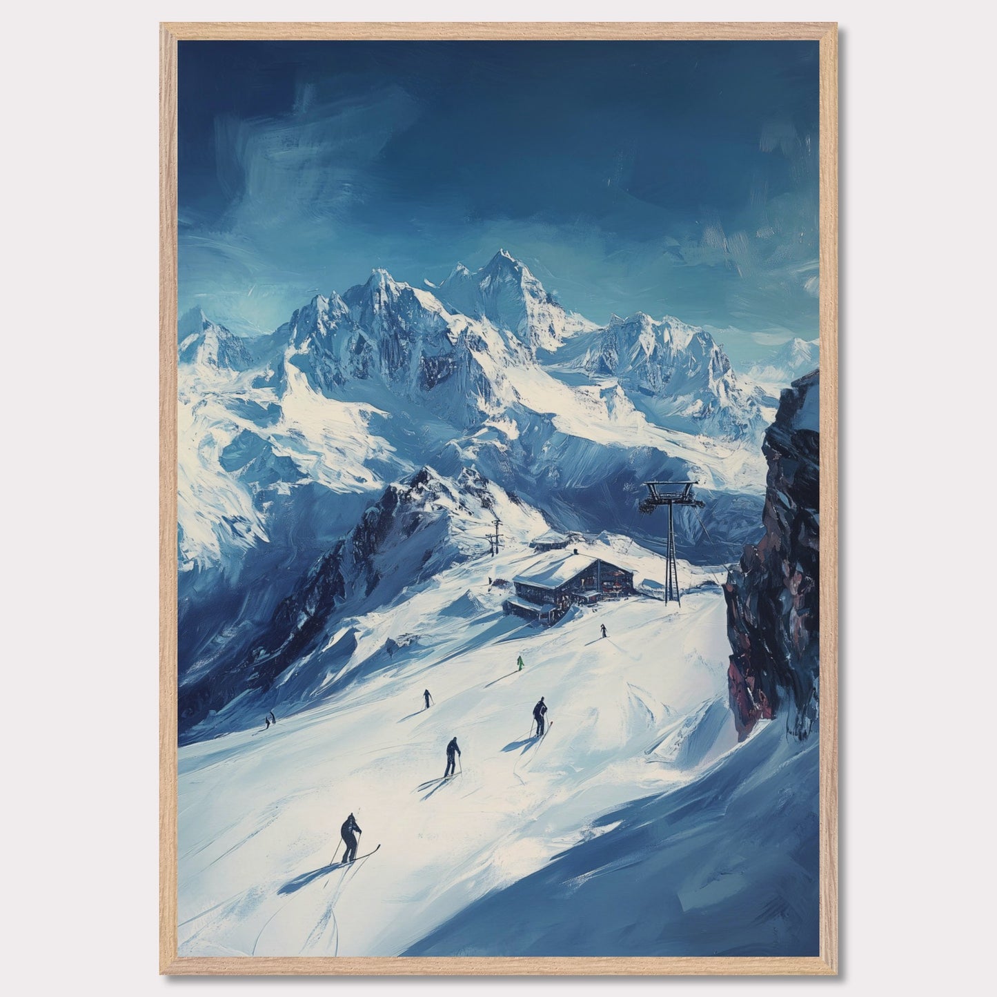 This vibrant, retro-style poster captures the excitement of skiing through the Swiss Alps, with skiers navigating fresh powder beneath towering, snow-covered peaks. The vast landscape and the thrill of the descent evoke a sense of freedom and adventure. The vintage typography and warm colors enhance the adventurous spirit, making it a perfect invitation to explore the slopes of the Swiss Alps and experience the rush of alpine skiing.