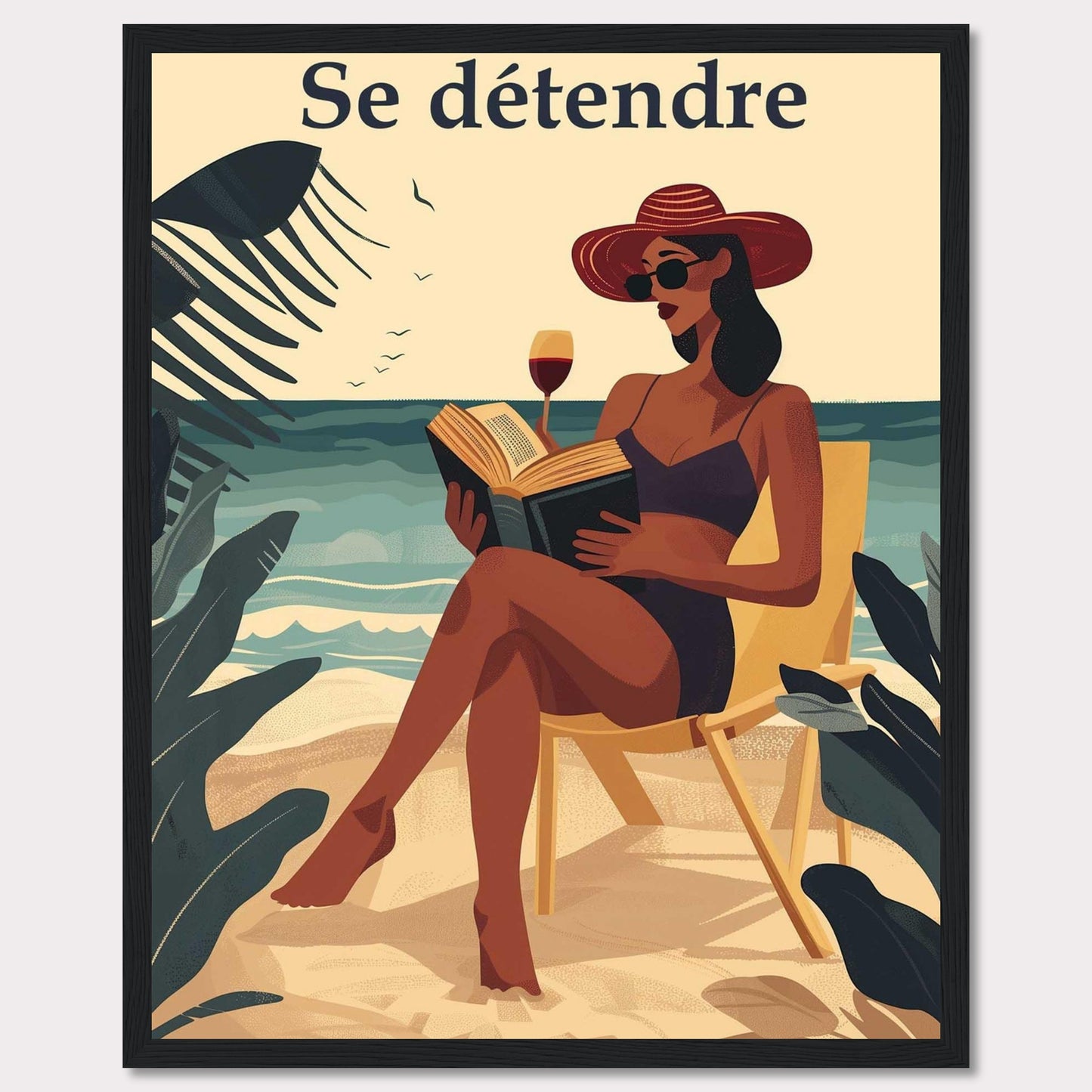 This illustration captures a serene beach scene with a woman relaxing on a chair, reading a book, and enjoying a glass of wine. The text "Se détendre" at the top translates to "Relax" in English.