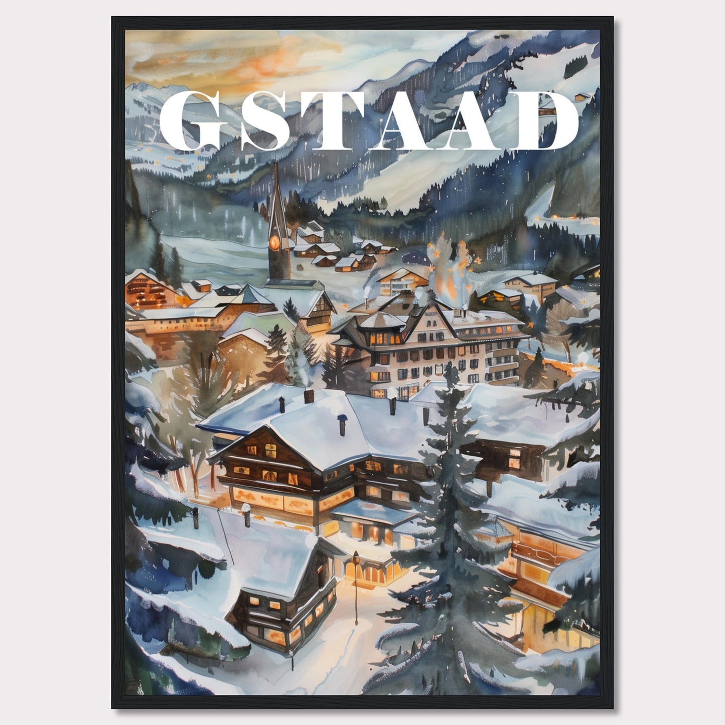 This image showcases a beautiful winter scene of Gstaad, a picturesque village nestled in the Swiss Alps. The painting captures the charm of snow-covered chalets, pine trees, and a serene mountainous backdrop under a soft evening sky.