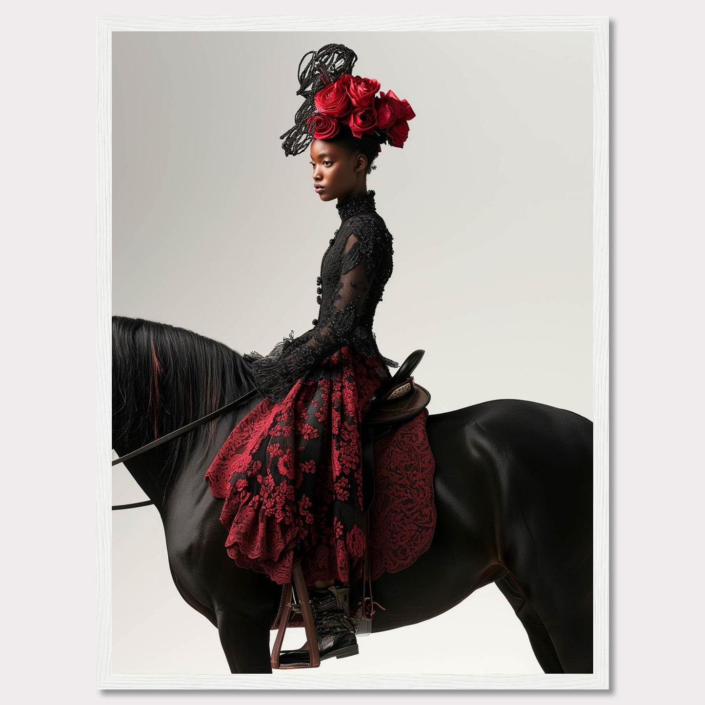 This striking image features a poised woman in an elegant black and red lace dress, adorned with an elaborate headpiece of red roses. She sits gracefully on a majestic black horse, exuding confidence and sophistication.