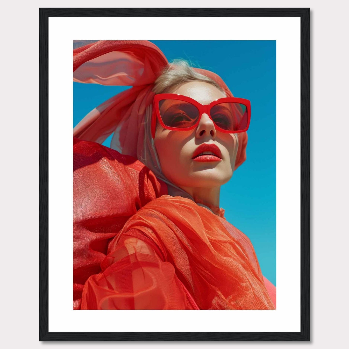 This striking photo features a confident woman wearing bold red sunglasses and a matching headscarf against a vibrant blue sky. The image is framed in a sleek black border, enhancing its modern aesthetic.