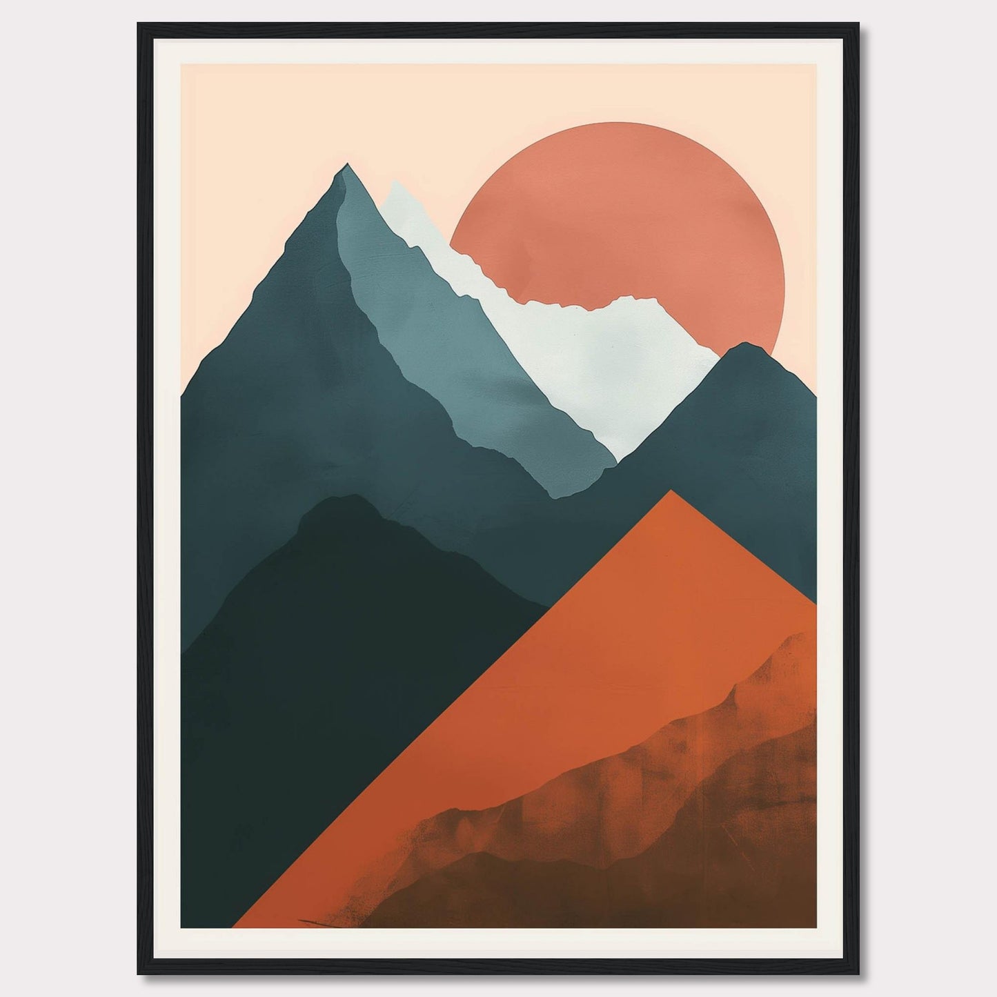 This is a modern, abstract art print featuring a mountain landscape with a large sun setting in the background. The artwork uses bold, contrasting colors to create a striking visual impact.