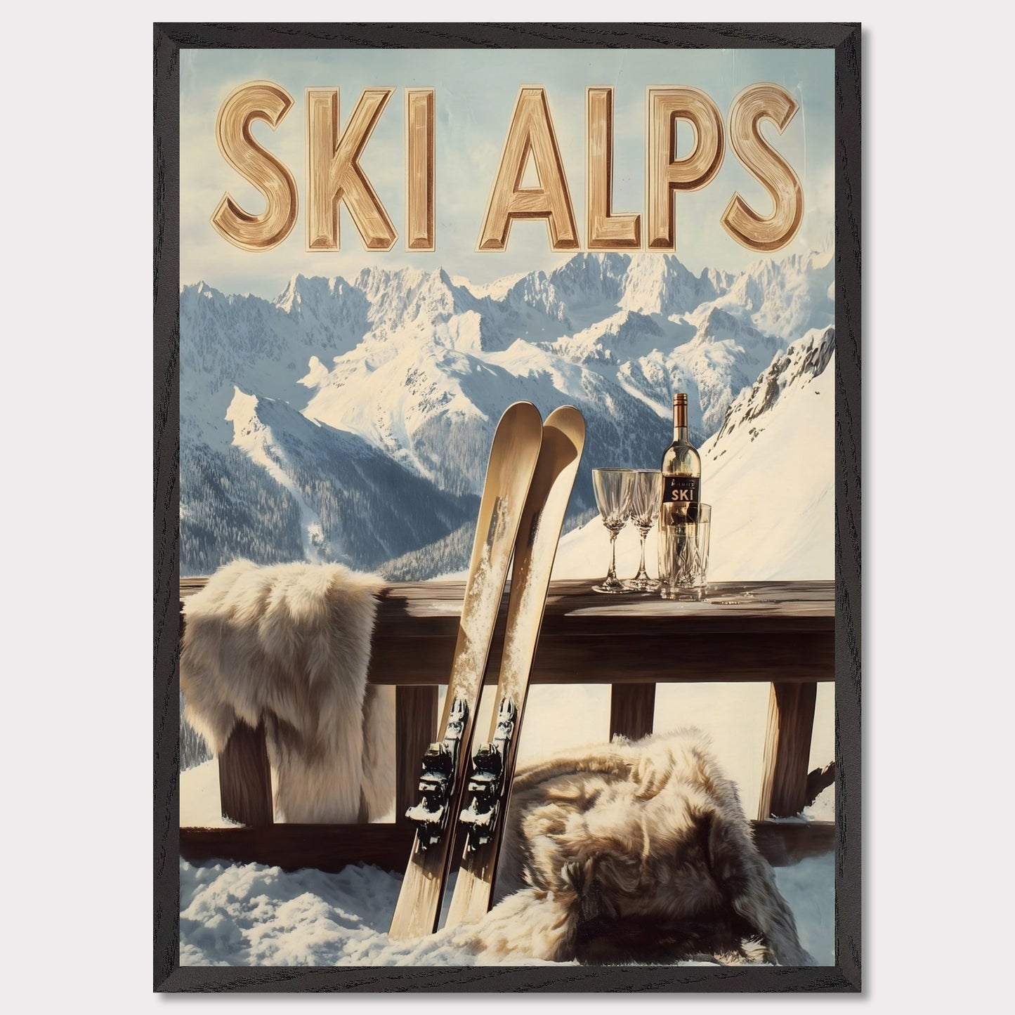 This captivating poster invites you to a serene alpine retreat, where snowy peaks stretch into the horizon. A pair of classic wooden skis leans against a rustic balcony railing, adorned with soft fur for added warmth. A bottle of fine wine and elegant glasses sit atop the table, perfectly complementing the breathtaking mountain backdrop.