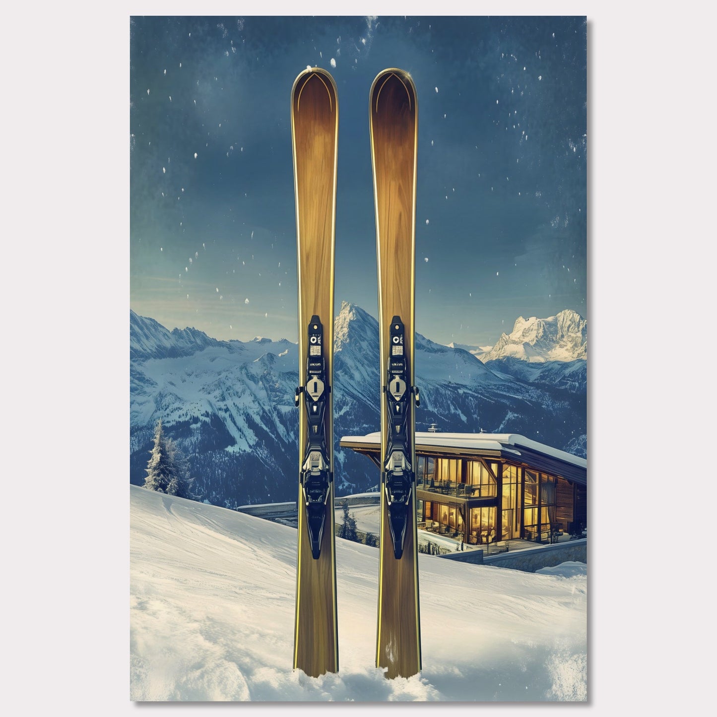 This elegant poster showcases the perfect blend of tradition and modernity in a snowy alpine escape. Two sleek skis stand proudly in the foreground, while a contemporary, glowing chalet nestled in the mountains provides a warm contrast to the frosty winter scene.