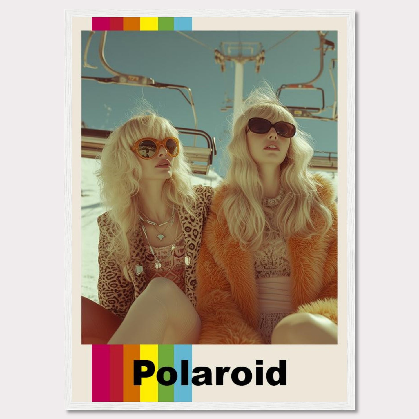 This vibrant Polaroid poster captures two stylish women wearing retro outfits and sunglasses, enjoying a sunny day on a ski lift.