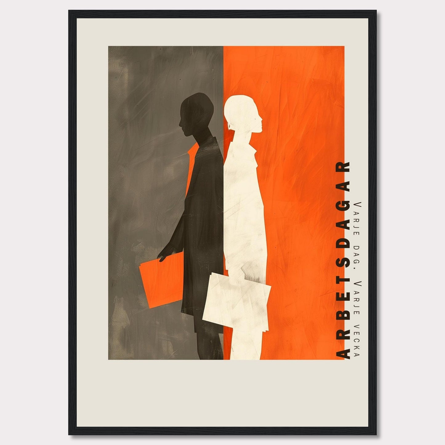 This striking artwork features two silhouetted figures, one in black and the other in white, standing back-to-back against a divided background of gray and orange. Both figures are holding documents, symbolizing work or business activities. The text "ARBETSDAGAR" is prominently displayed vertically on the right side, accompanied by the phrase "VARJE DAG - VARJE VECKA" below it.