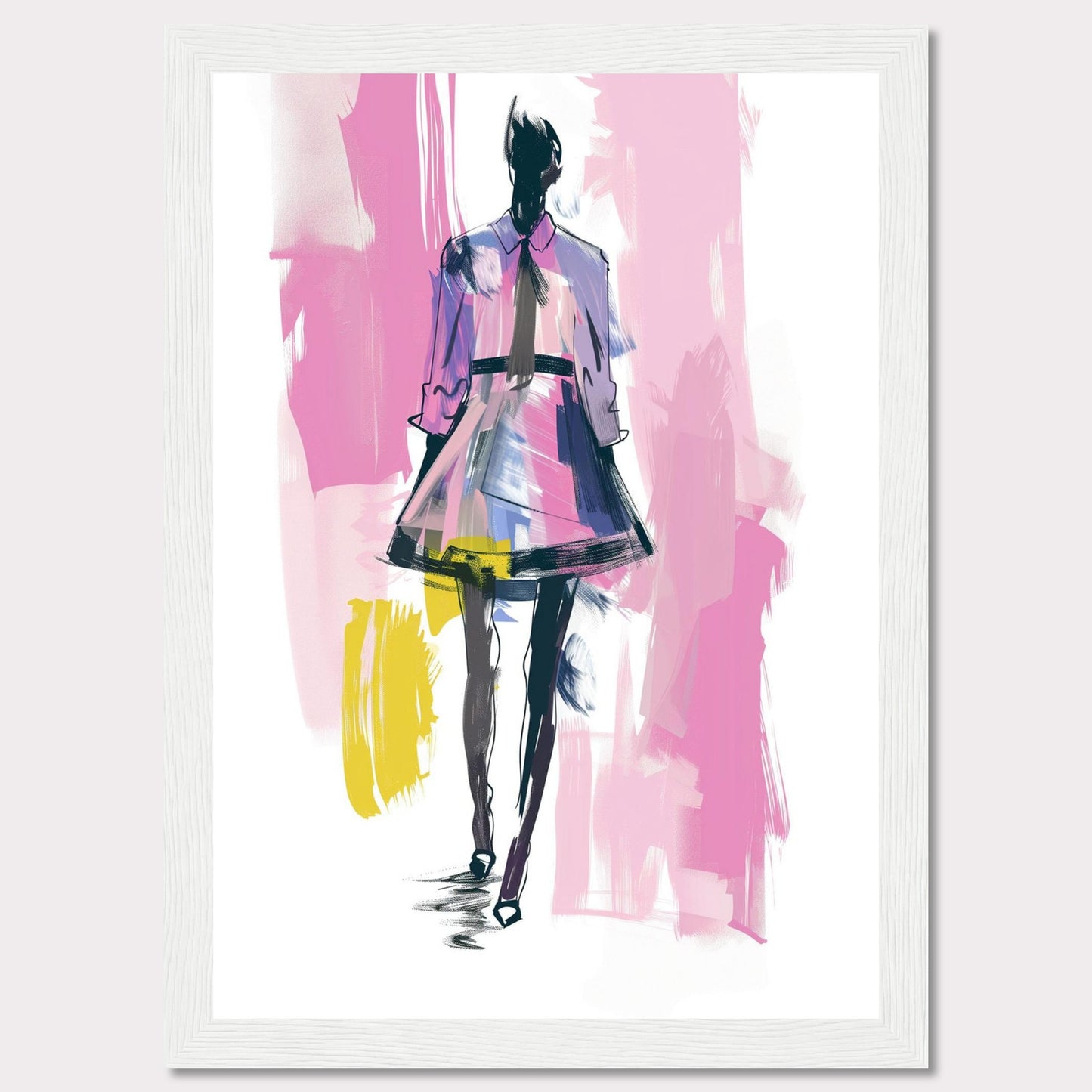 This image showcases a fashion illustration featuring a stylish figure in a vibrant dress. The artwork is characterized by bold brush strokes and a mix of colors, including pink, purple, yellow, and black. The figure exudes confidence, walking forward with purpose.