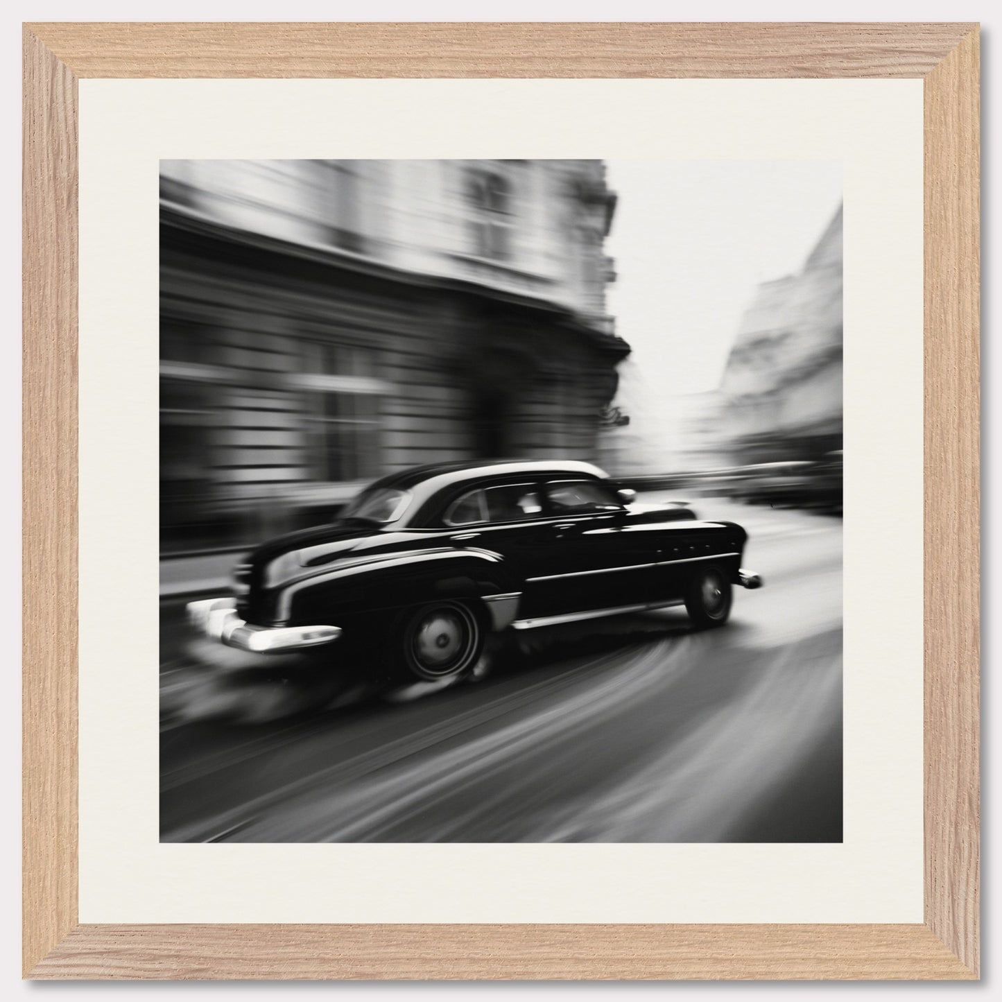 This illustration depicts a black vintage car speeding through a city street, with buildings blurred in the background to convey motion.