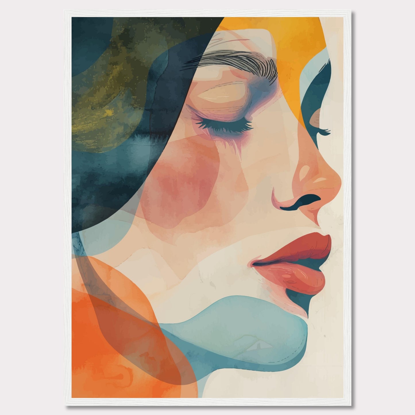 This captivating artwork features a serene profile of a woman's face, rendered in a vibrant mix of abstract colors. The composition highlights her closed eyes and calm expression, evoking a sense of tranquility and introspection.