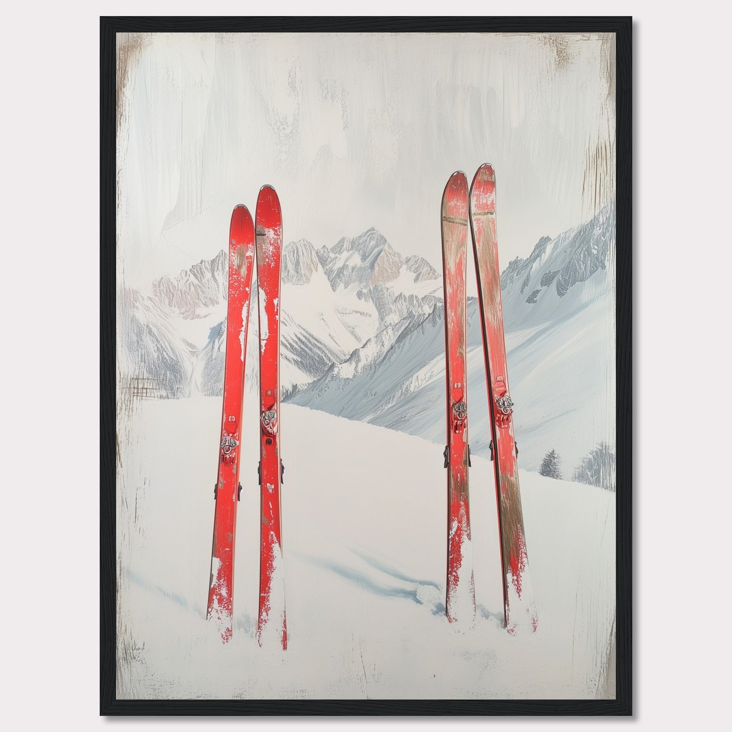 This captivating image showcases a serene winter scene with four red skis planted in the snow against a backdrop of majestic, snow-covered mountains. The skis stand out vibrantly against the white snow and the muted tones of the distant peaks. The overall composition evokes a sense of adventure and the thrill of skiing in the great outdoors.