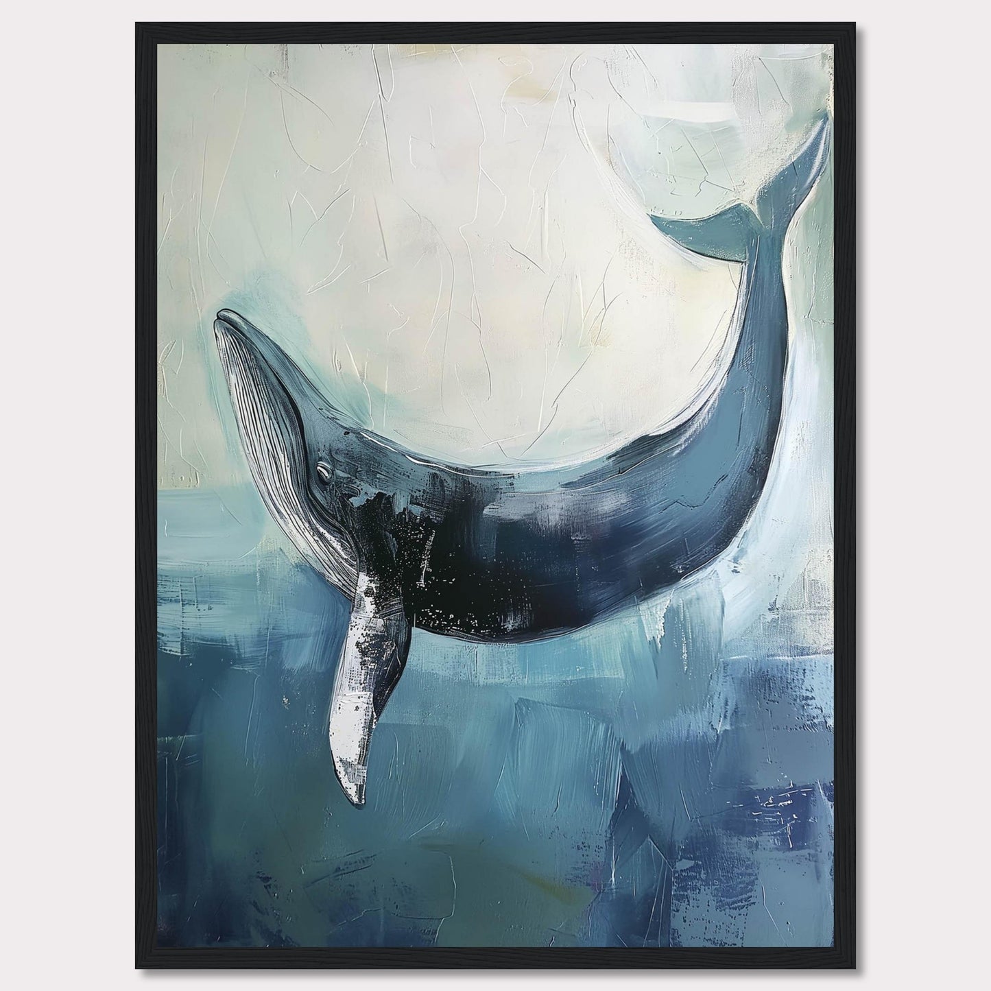 This image showcases a stunning painting of a whale gracefully swimming in the ocean. The artwork captures the serene beauty and majesty of the whale, set against a backdrop of soothing blue and white hues. The texture and brushstrokes add depth and movement to the piece, making it an eye-catching addition to any space.