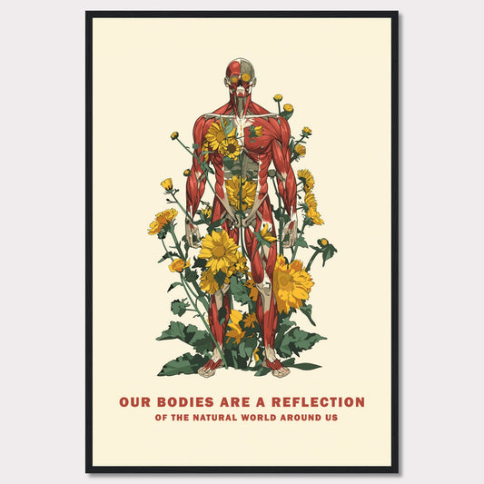 This image features a detailed anatomical illustration of a human body intertwined with vibrant yellow flowers and green foliage. The artwork highlights the connection between human anatomy and nature.