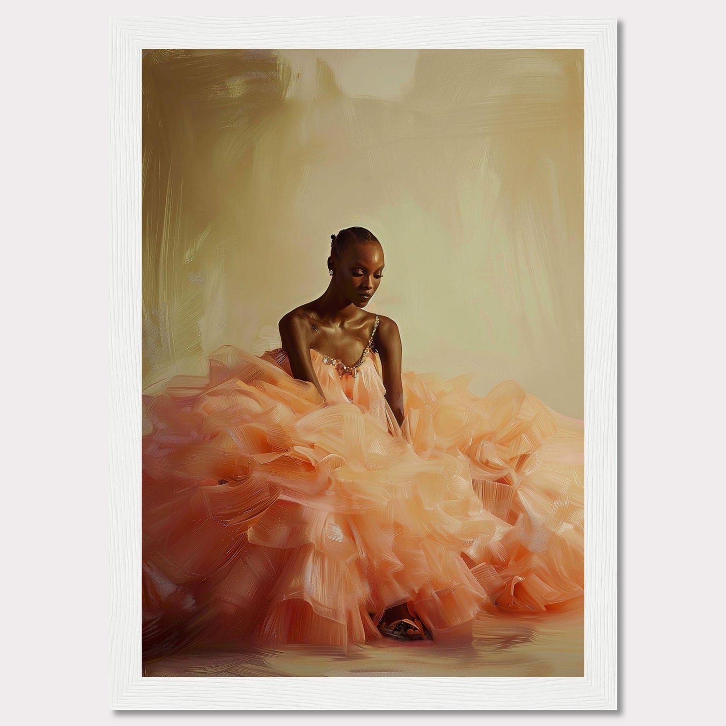 This captivating image features a serene woman in an elegant, voluminous peach gown. The soft, flowing fabric of the dress creates a dreamy and ethereal atmosphere. The background is a subtle blend of warm tones, enhancing the tranquil mood of the scene. The woman's poised and contemplative expression adds depth to the composition.