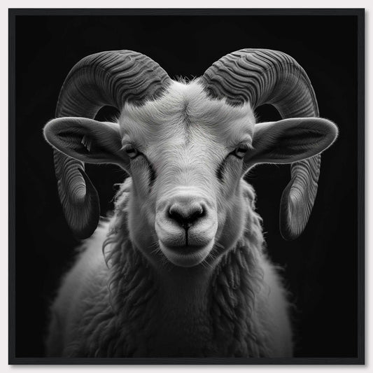 This striking black and white photograph captures the majestic presence of a ram with impressive, curved horns. The detailed texture of its fur and the intensity in its eyes are beautifully highlighted against a dark background.