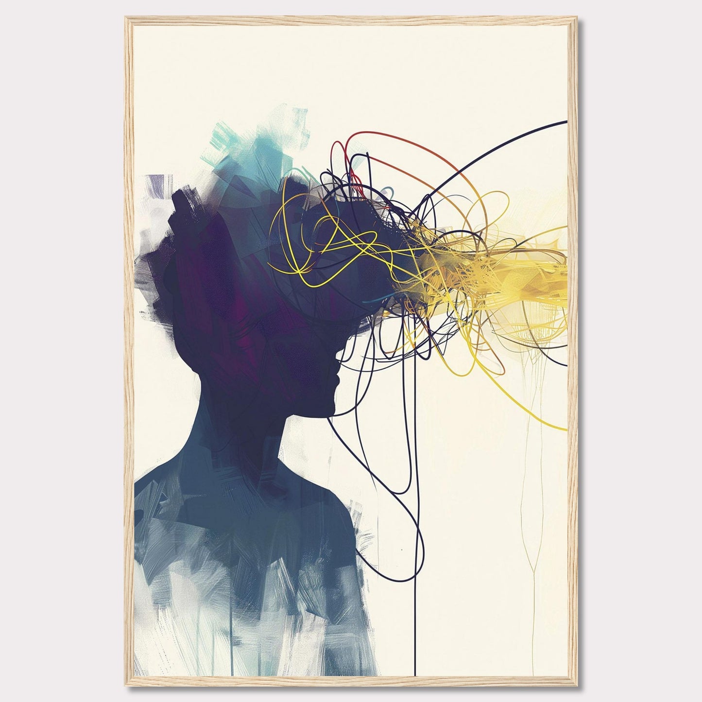 This captivating artwork features the silhouette of a person with an explosion of colorful, tangled lines emanating from their head, representing thoughts and creativity. The abstract design is set against a minimalist background, contrasting the vibrant colors with the dark silhouette.