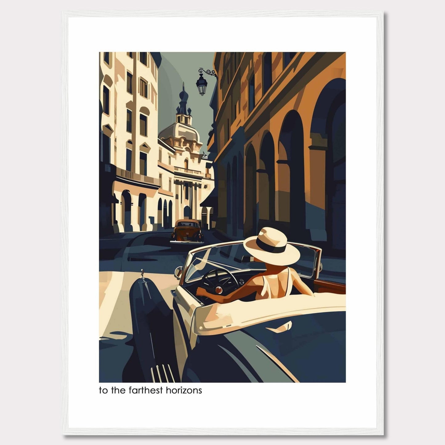 This captivating artwork depicts a stylish individual driving a vintage car through a charming, sunlit European street. The scene is filled with architectural beauty, showcasing classic buildings and a serene atmosphere.