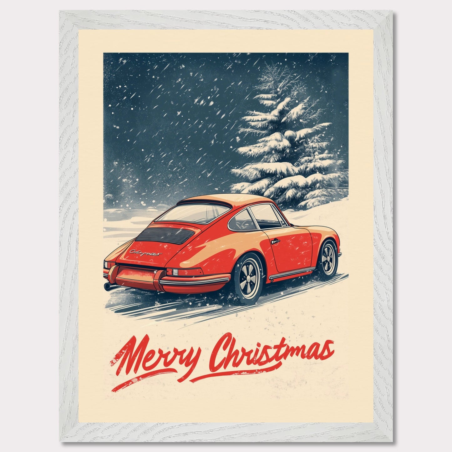 This nostalgic holiday poster features a striking red Porsche driving through a snow-covered landscape, with festive snowflakes gently falling around the scene. A snowy tree and soft winter hues create a cozy and festive atmosphere. The bold "Merry Christmas" typography adds an extra touch of holiday cheer, making it a perfect way to celebrate the season with a classic car enthusiast's touch.