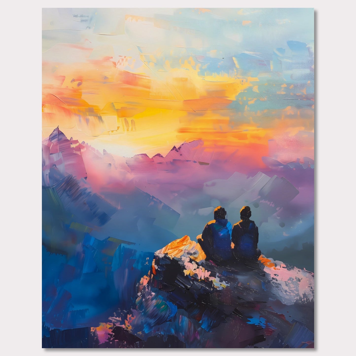 This is an illustration of two people sitting on a rocky cliff, overlooking a vibrant and colorful sunset or sunrise. The sky is painted with warm hues of orange, yellow, and pink, blending into cooler tones of blue and purple.