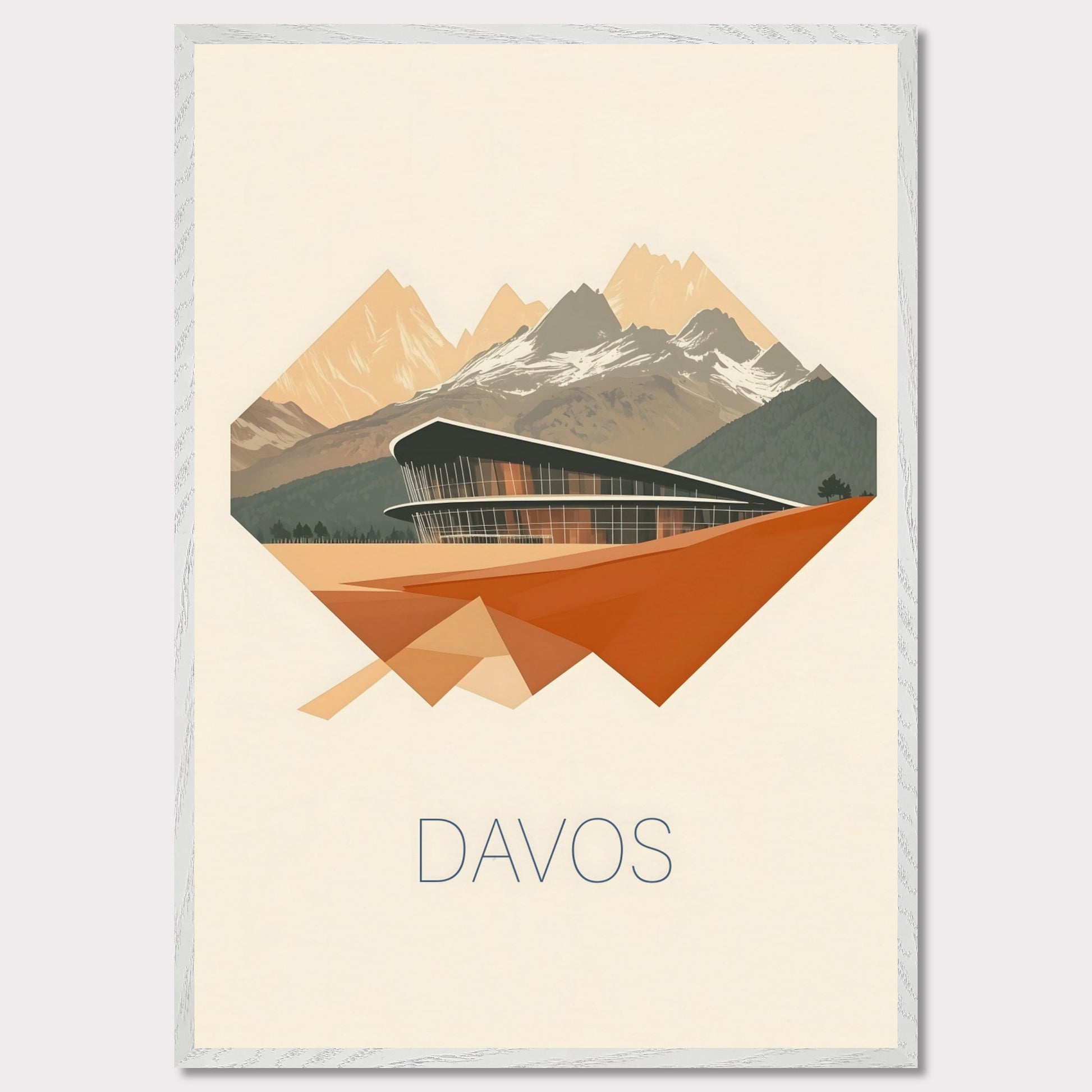 A visually striking poster featuring Davos’ futuristic architecture, integrated into an angular, geometric design. The sharp lines and warm earth tones contrast with the cool mountain backdrop, creating a bold, dynamic effect.