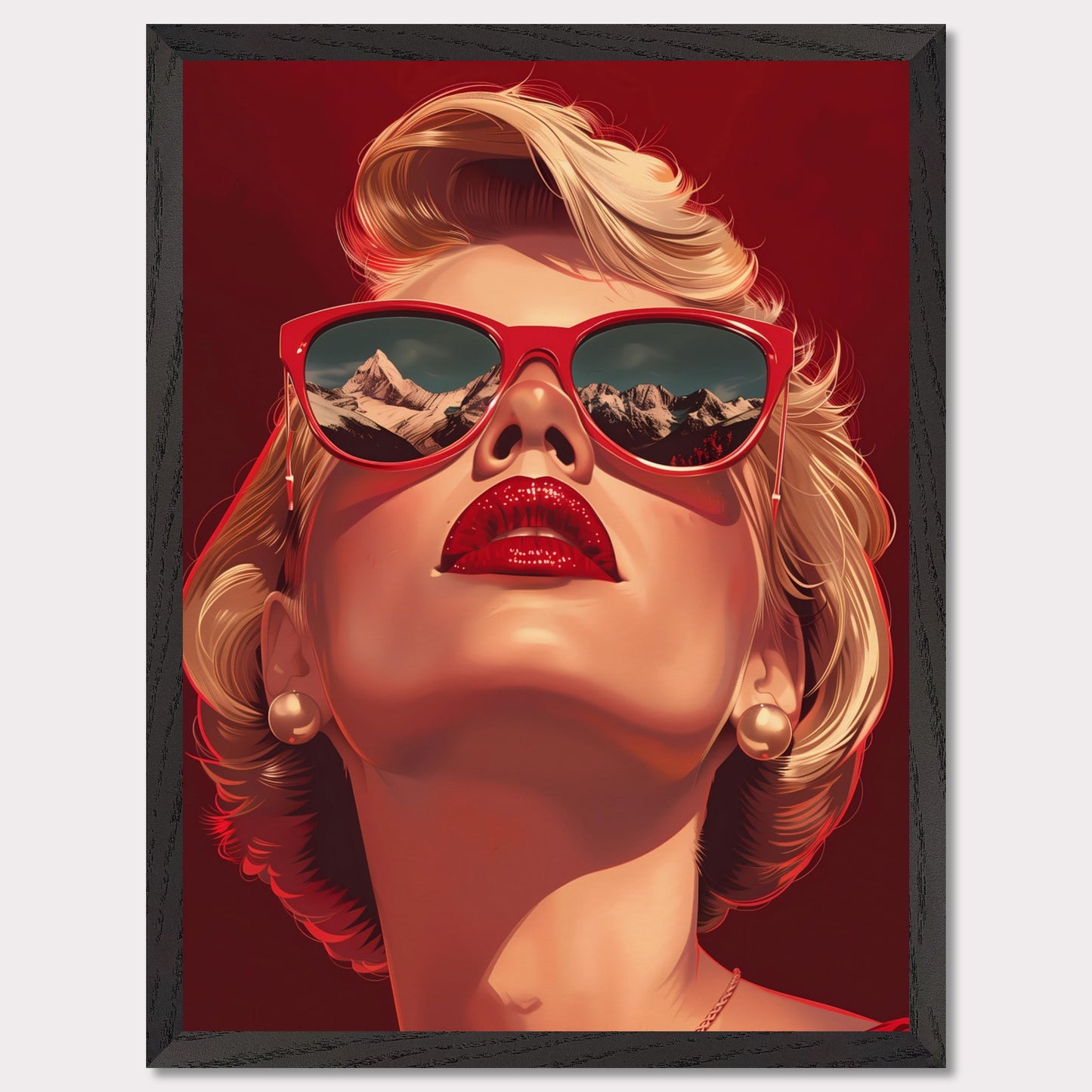 This striking artwork features a glamorous woman with blonde hair, wearing bold red sunglasses that reflect a stunning mountain landscape. Her vibrant red lips and pearl earrings add to the sophisticated and stylish aura of the piece.