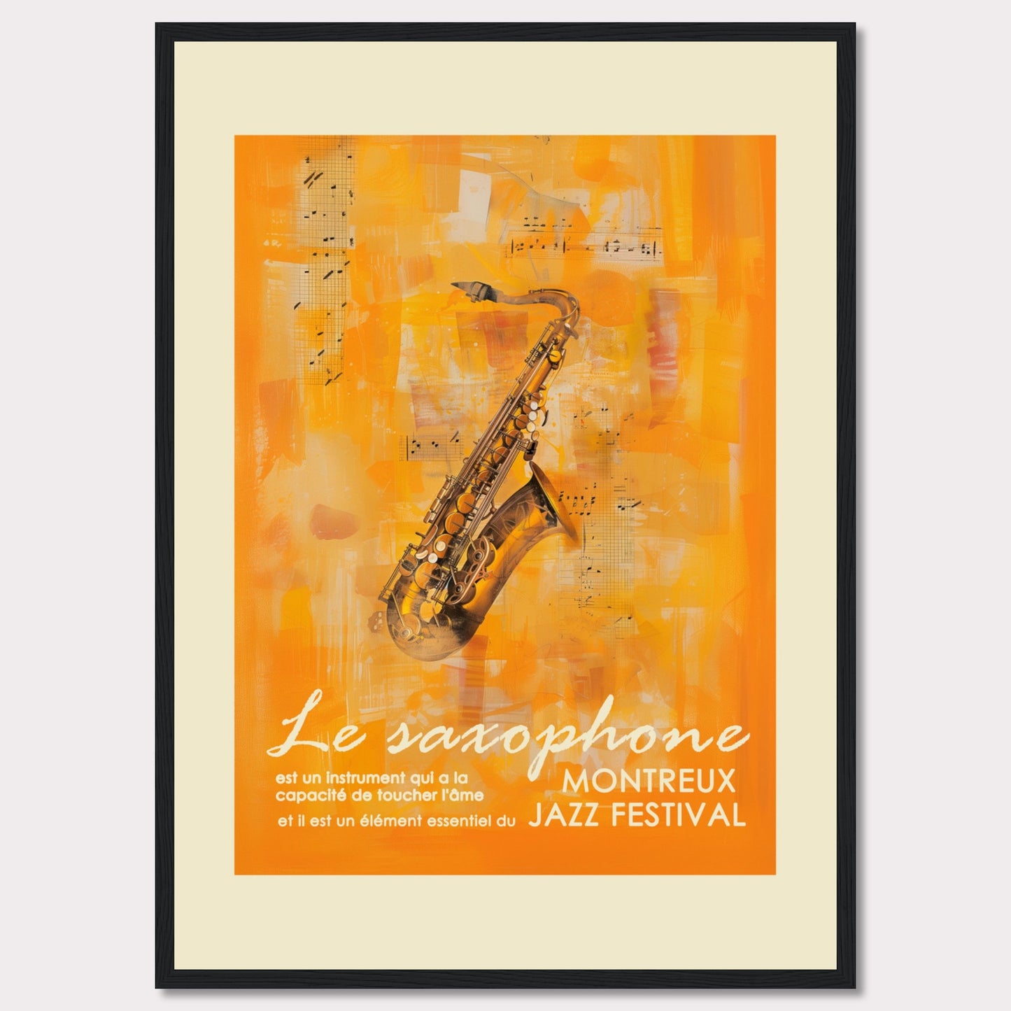 This vibrant poster features a saxophone set against an abstract orange background with musical notes. The text highlights the significance of the saxophone in touching the soul and its essential role in the Montreux Jazz Festival.