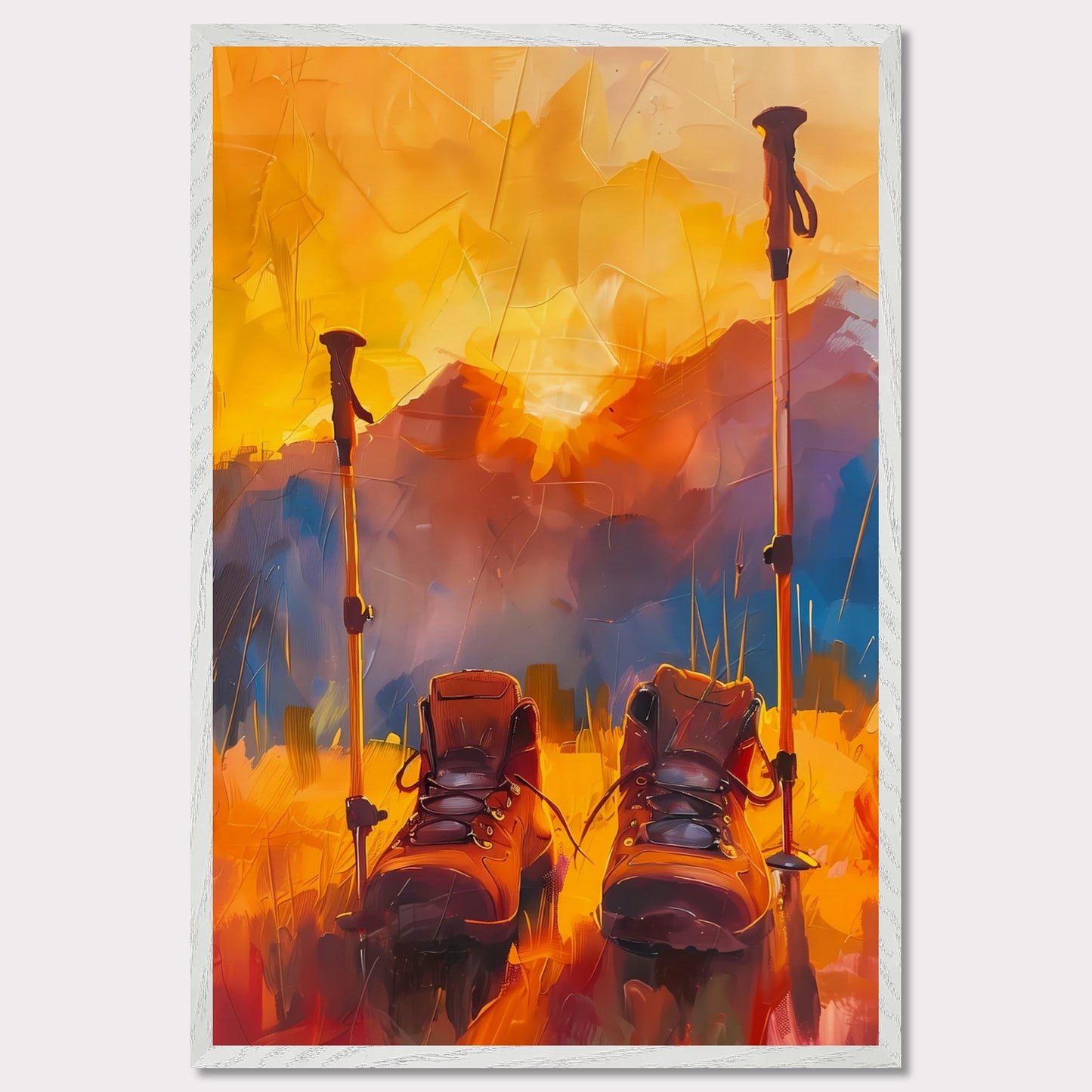 This illustration depicts a pair of hiking boots and trekking poles set against a vibrant, abstract background of mountains and a sunset.