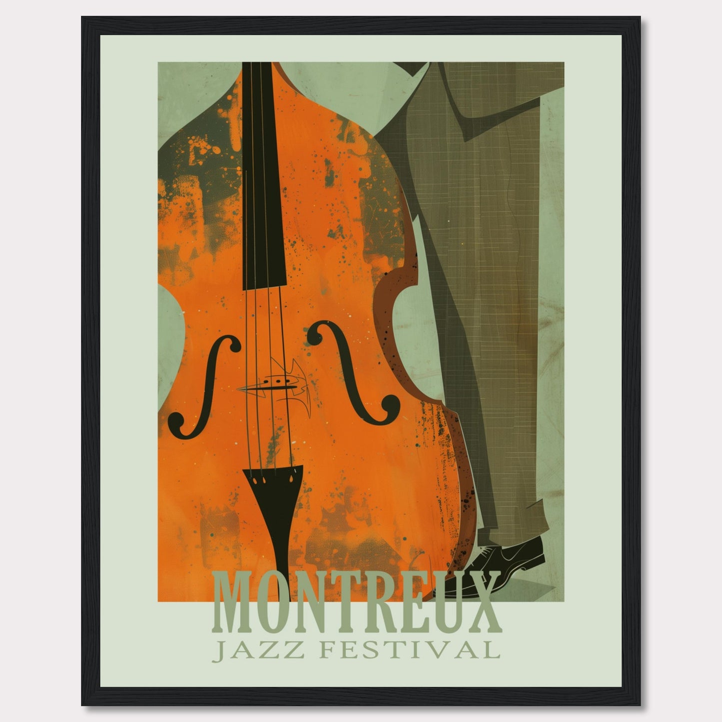 This image is a poster for the Montreux Jazz Festival. It features an abstract illustration of a double bass and a person in a suit.