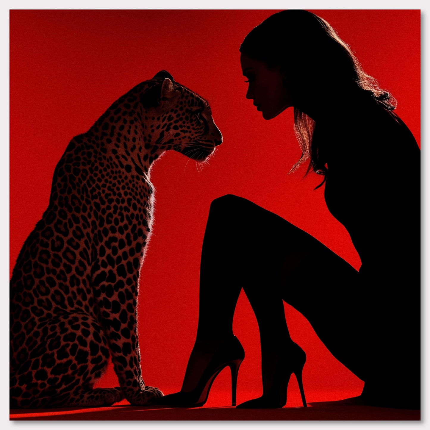 This illustration depicts a silhouette of a woman and a leopard against a vibrant red background. The woman is wearing high heels and is in a kneeling position, facing the leopard. The scene creates a dramatic and intense atmosphere through the use of contrasting colors and shadow play.