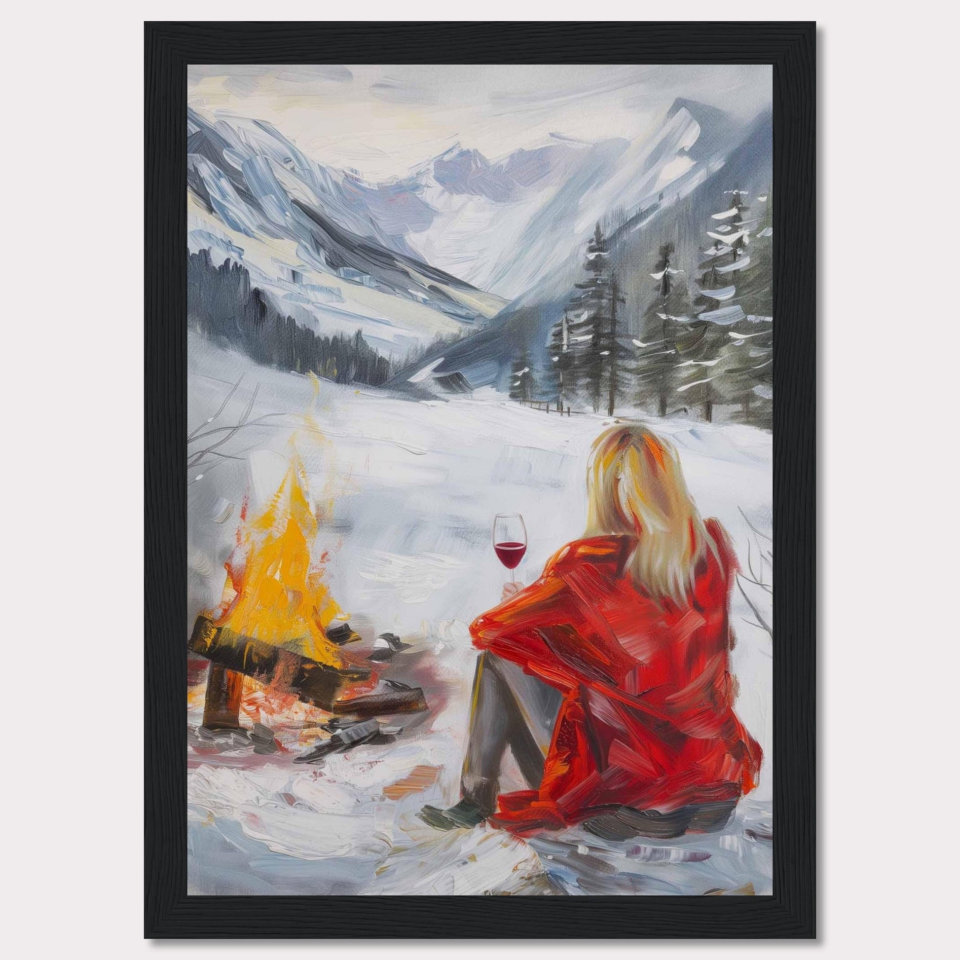 This painting captures a serene winter scene where a person in a red coat sits by a campfire, enjoying a glass of wine amidst a snowy landscape. The backdrop features majestic snow-covered mountains and evergreen trees.