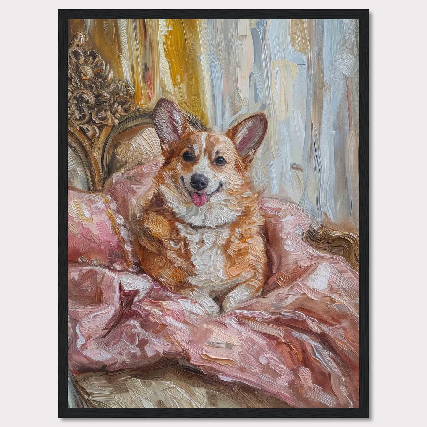 This charming painting captures a joyful corgi nestled in luxurious pink bedding, exuding warmth and happiness. The background features elegant drapery and ornate furniture, adding a touch of sophistication to the scene.