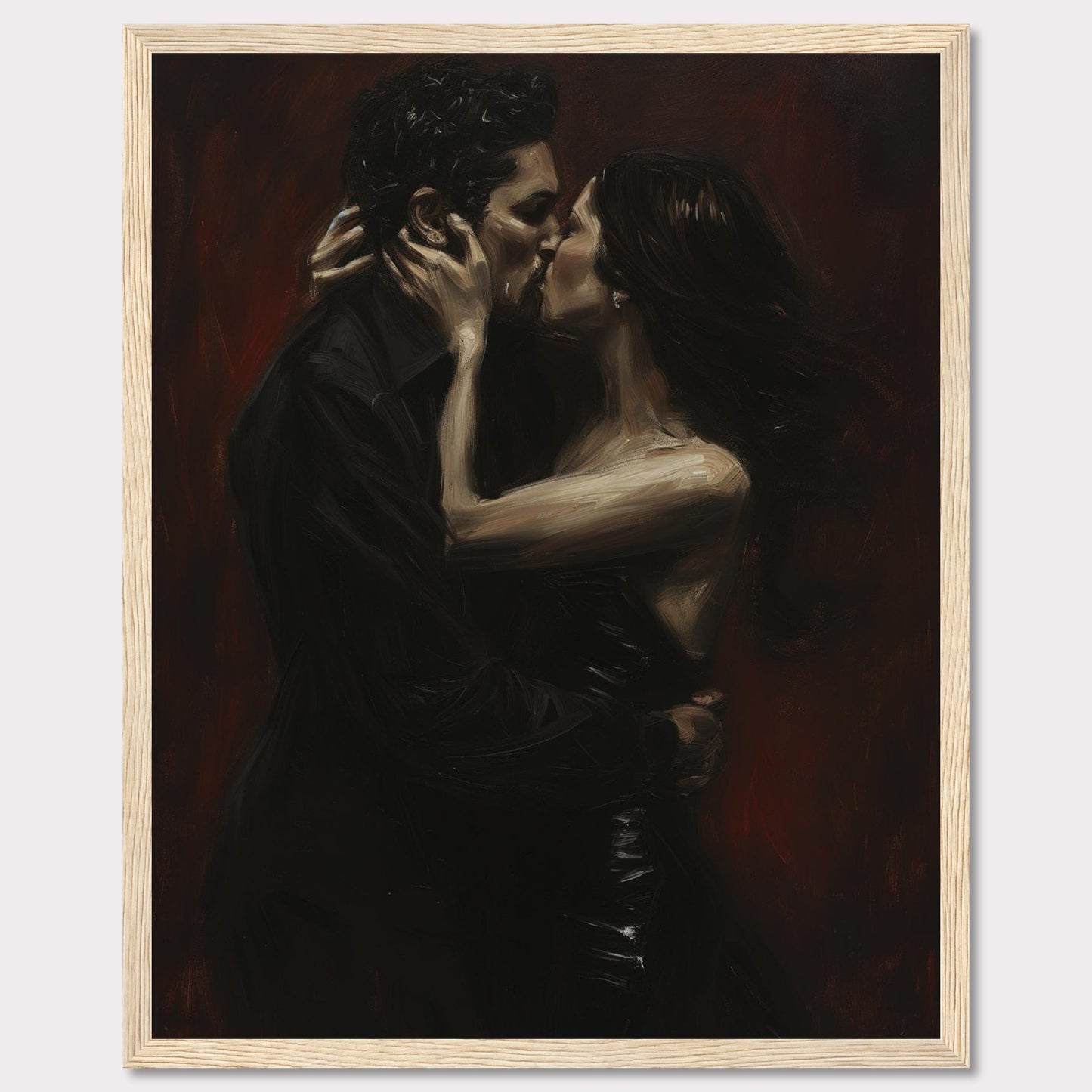 This evocative painting captures an intimate moment of a passionate kiss between two lovers. The dark, rich tones create a dramatic and romantic atmosphere.