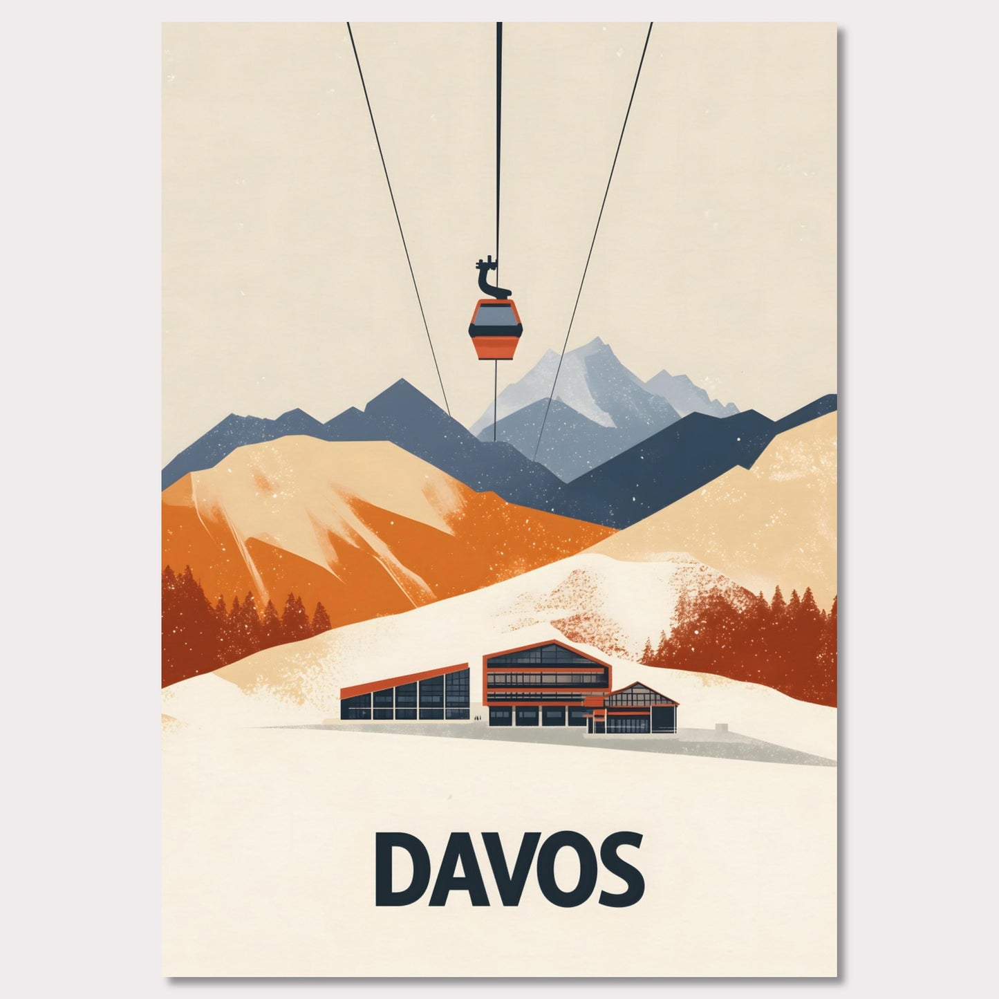 A stunning visual of a winter resort in Davos, nestled among snow-covered mountains. A cable car ascends above, symbolizing the excitement of skiing and high-altitude adventures.