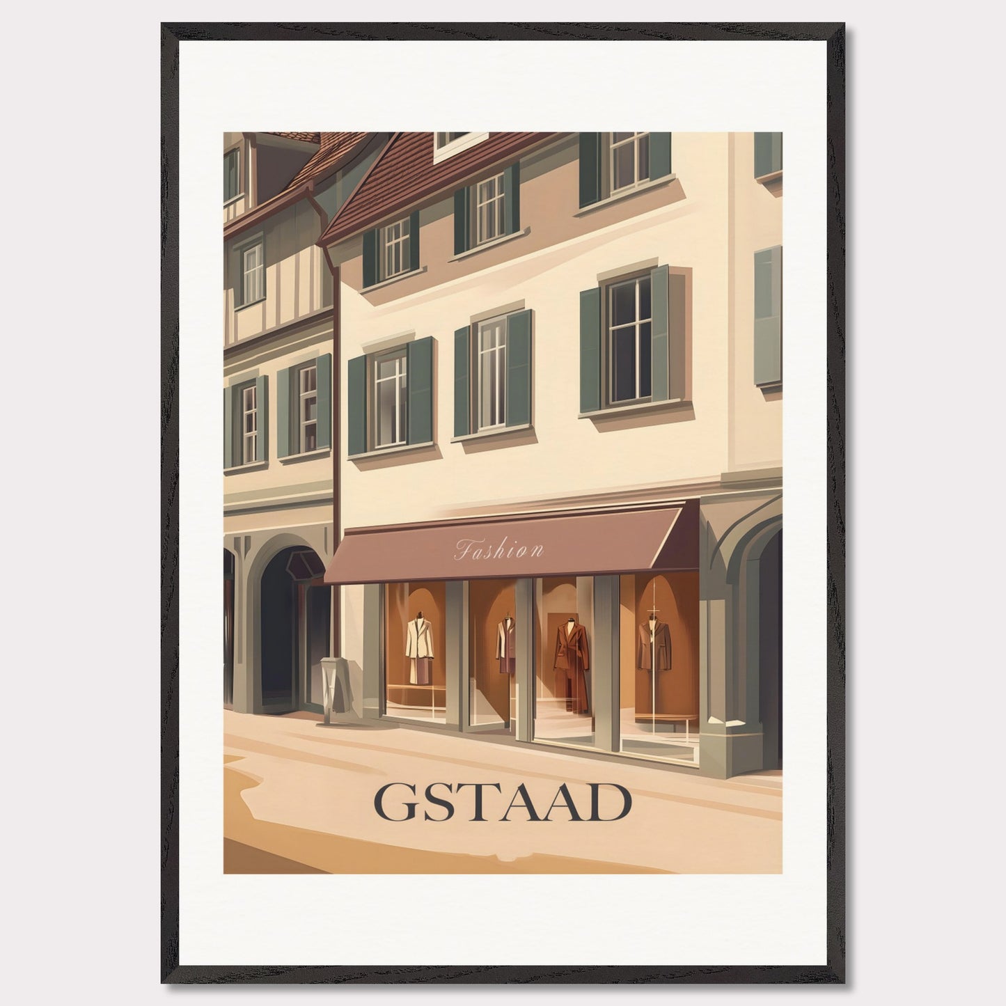 A stylish poster capturing the elegant shopping experience in Gstaad. The charming streets lined with high-end boutiques create an atmosphere of exclusivity and sophistication.