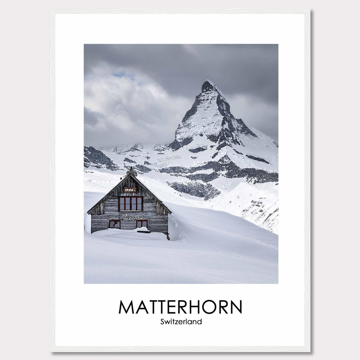 This stunning photograph captures the iconic Matterhorn in Switzerland, with a charming wooden cabin nestled in the snow-covered landscape. The majestic peak rises dramatically against a cloudy sky, creating a breathtaking scene of natural beauty.