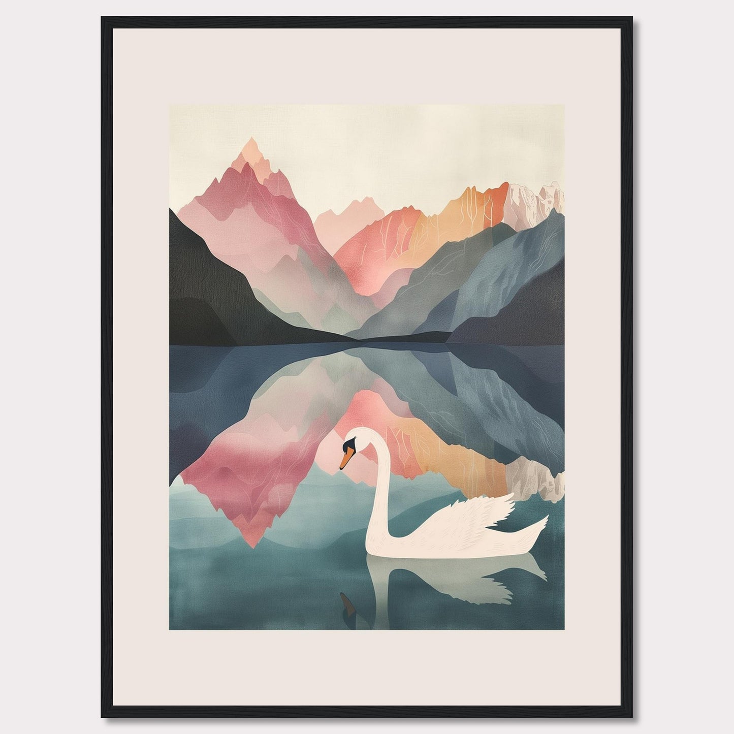 This captivating artwork features a serene swan gliding across a tranquil lake, surrounded by majestic mountains in pastel hues. The reflection of the mountains and the swan in the calm water adds a mesmerizing symmetry to the scene. The soft, muted colors evoke a sense of peace and tranquility.